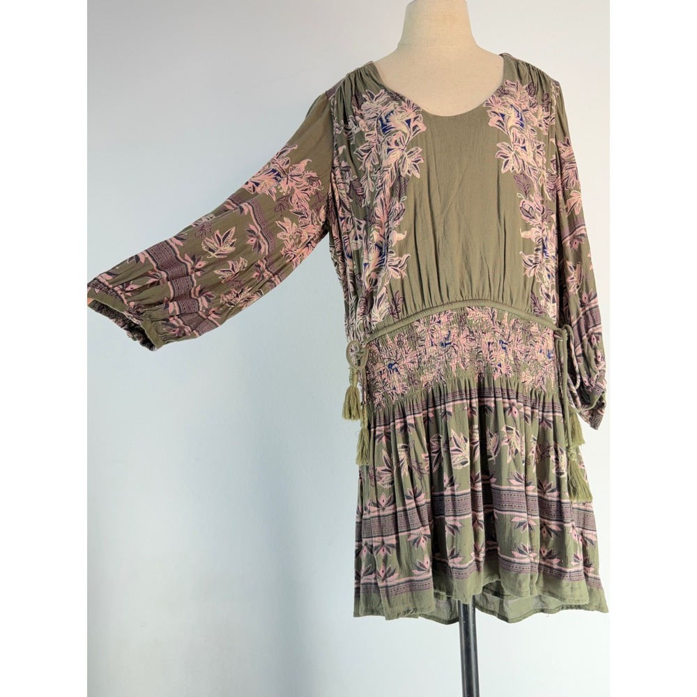 Free People Womens Mini Dress Green Moonlight Drive Boho Floral Smocked Medium